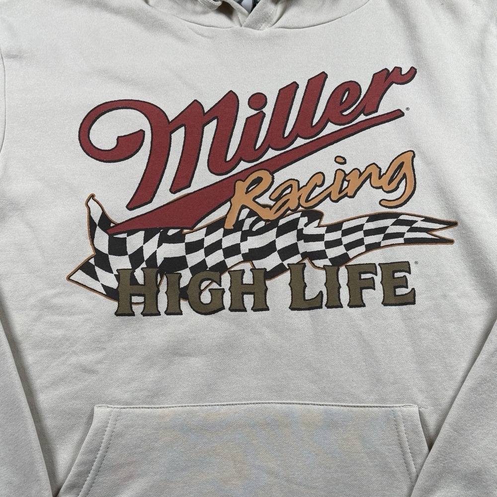 Miller High Life Racing Large Hoodie Sweatshirt Double Sided Sand Beige Beer Top